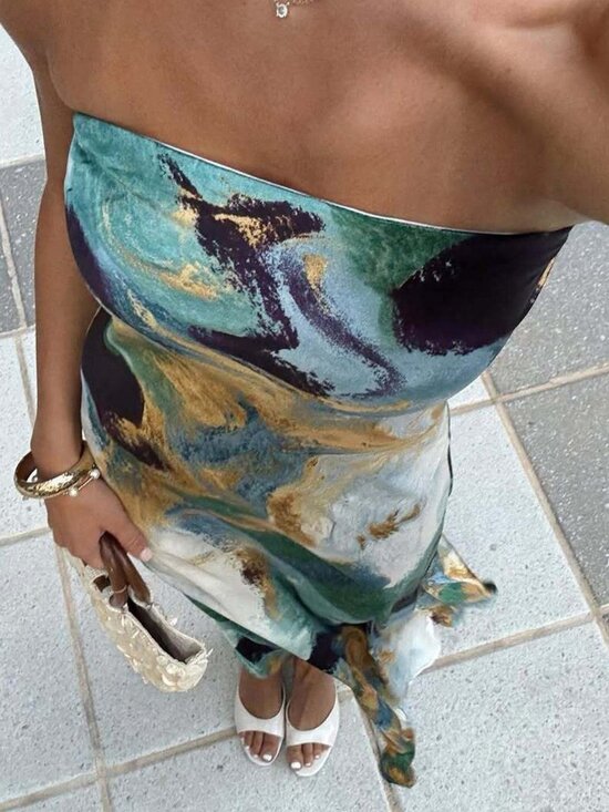 12th Tribe Dresses & Skirts - 12th Tribe Natalia Blue and Gold Watercolor Strapless Maxi Dress Size LL